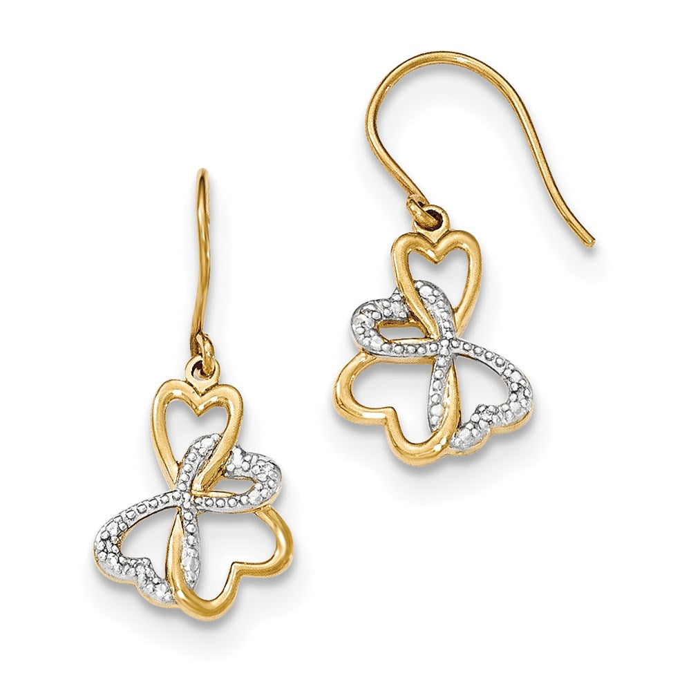 14K Gelbgold mit Rhodium echte Diamant-Ohrhänger mit vier Herzen und Schäferhaken-Verschluss