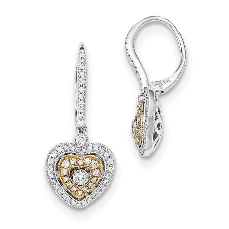 14K Gelbgold Zweifarbig Echte Diamant-Herz-Ohrhänger mit Leverback-Verschluss