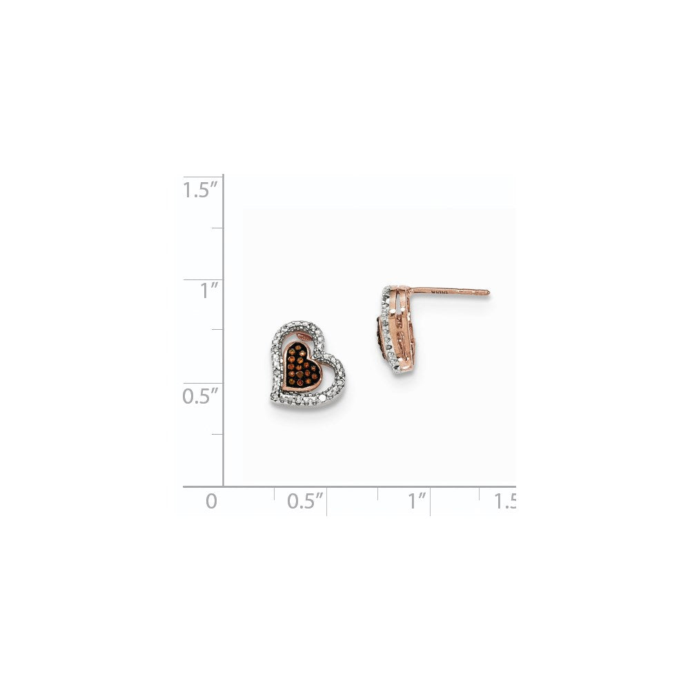 14K Roségold Doppelherz-Ohrstecker mit braunen und weißen echten Diamanten