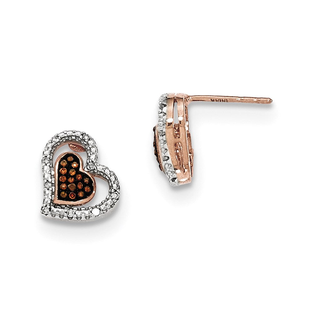14K Roségold Doppelherz-Ohrstecker mit braunen und weißen echten Diamanten