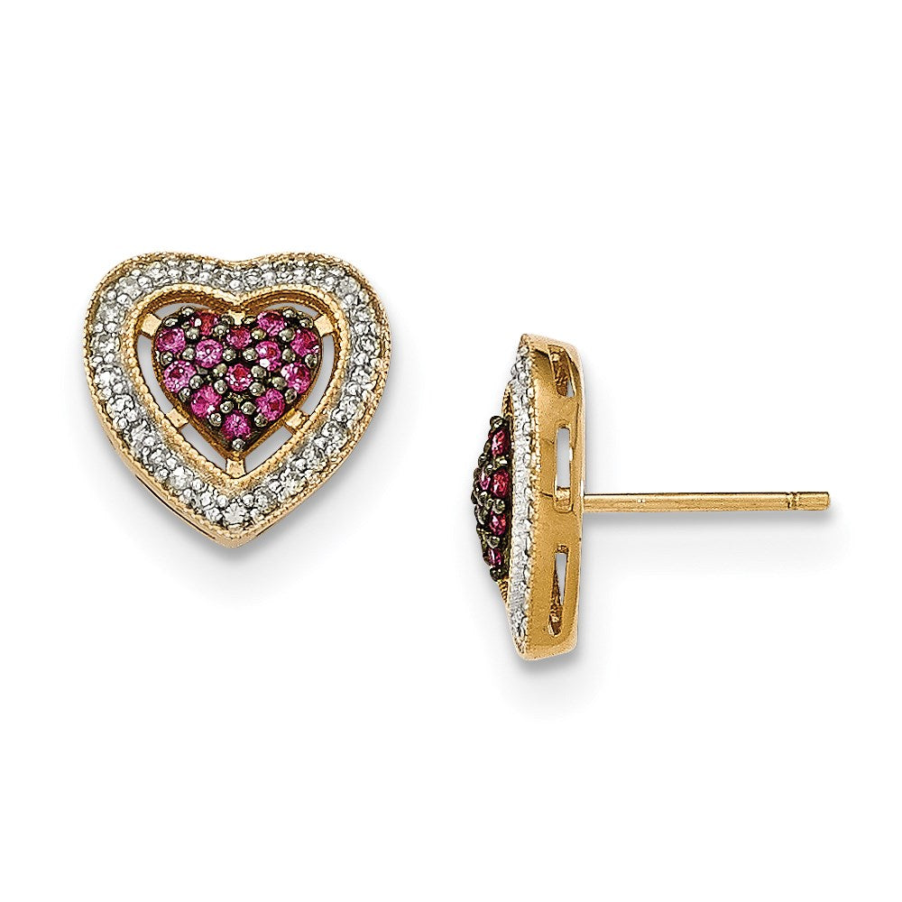 14K Gelbgold Polierte Herz-Ohrstecker mit echtem Diamant und Rubin