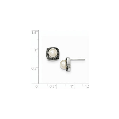 14K Weißgold Fw Zuchtperle & Schwarz Echt Diamant Ohrstecker