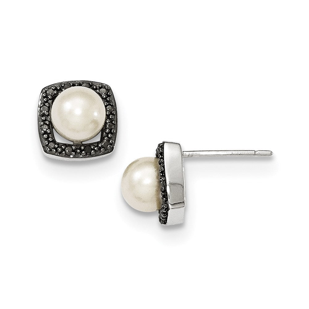 14K Weißgold Fw Zuchtperle & Schwarz Echt Diamant Ohrstecker