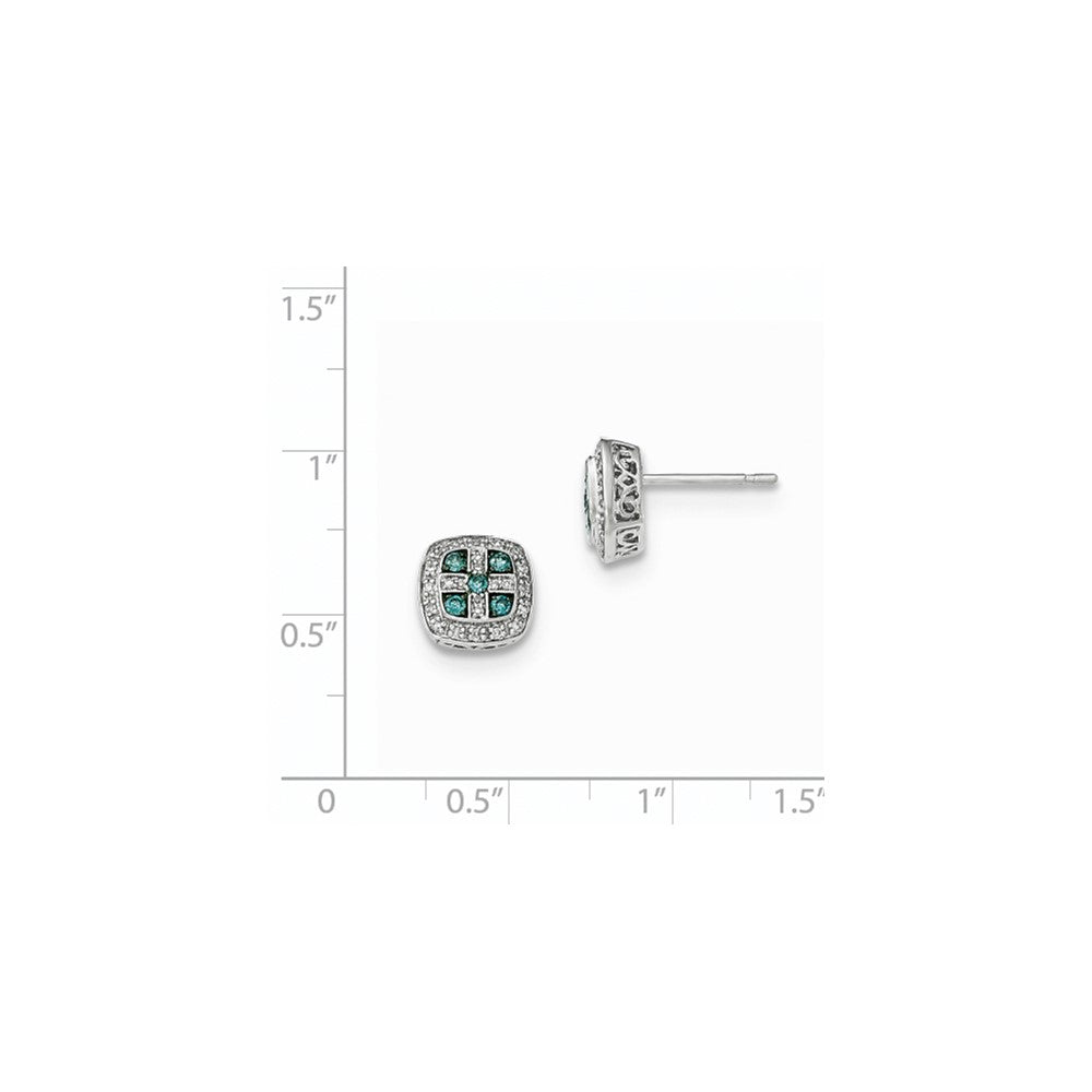 14K Weißgold Ohrstecker, quadratisch, mit weißen und blauen Diamanten