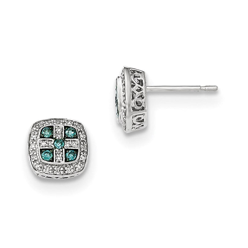 14K Weißgold Ohrstecker, quadratisch, mit weißen und blauen Diamanten