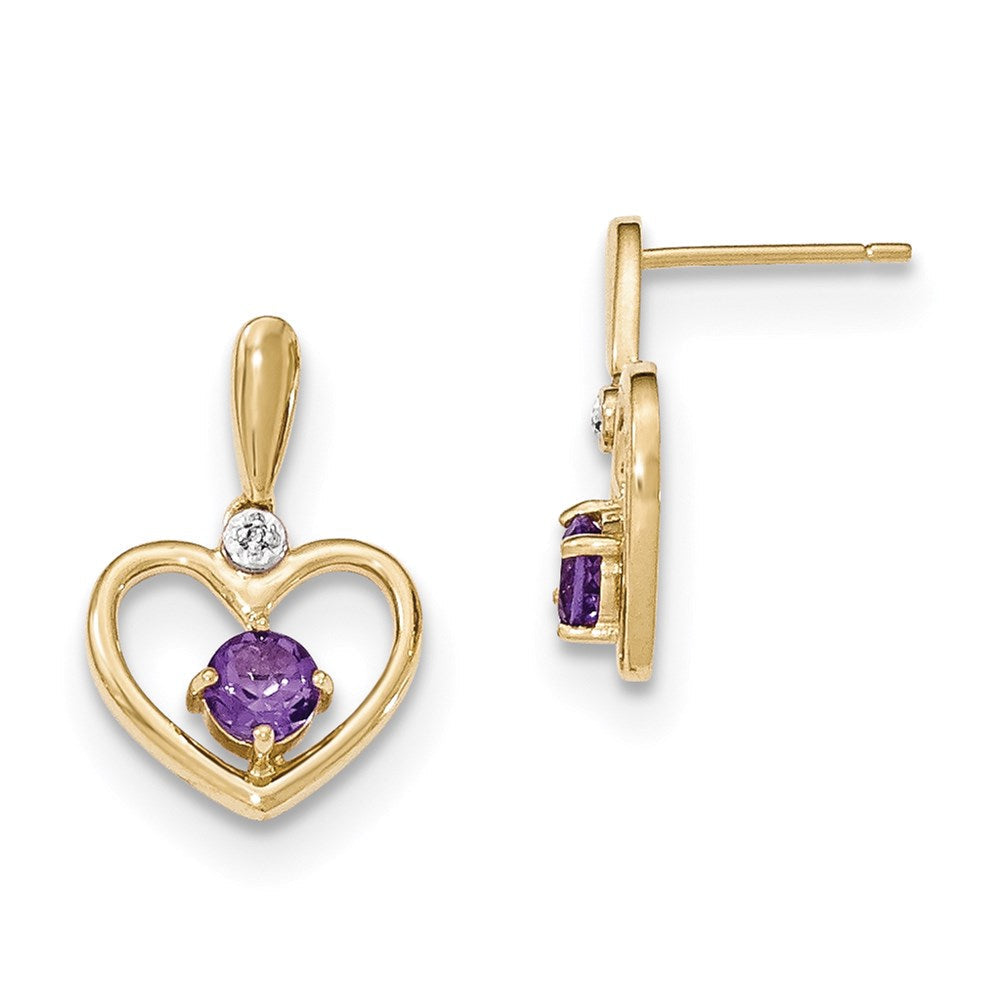14K Gelbgold Amethyst und Echt Diamant Herz Stecker Ohrhänger