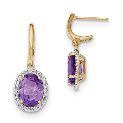 14K Gelbgold Amethyst mit Echt Diamant Heiligenschein Stecker Ohrhänger