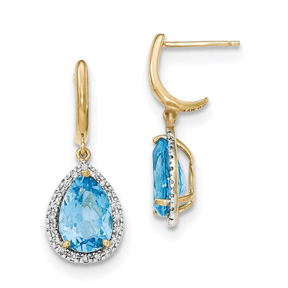 14K Gelbgold Lt. Schweizer Blautopas mit Echt Diamant Heiligenschein Stecker Ohrhänger