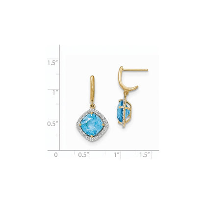14K Gelbgold Blautopas mit Echt Diamant Heiligenschein Stecker Ohrhänger