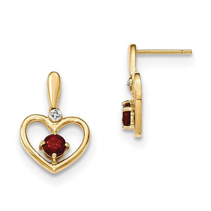 14K Gelbgold Granat und Echt Diamant Herz Stecker Ohrhänger