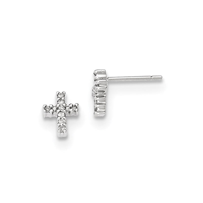 14K Weißgold Ohrstecker Kreuz poliert mit echten Diamanten