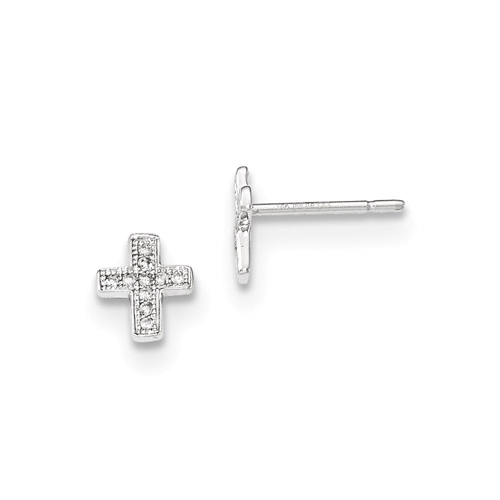 14K Weißgold Ohrstecker mit poliertem Kreuz und echten Diamanten