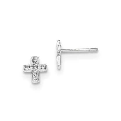 14K Weißgold Ohrstecker mit poliertem Kreuz und echten Diamanten