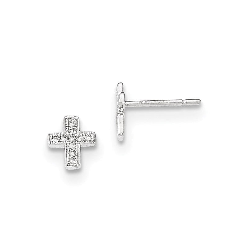 14K Weißgold Ohrstecker mit poliertem Kreuz und echten Diamanten