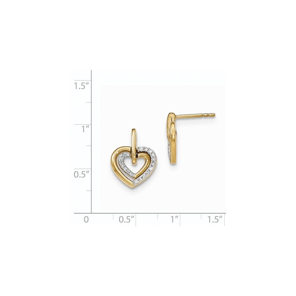 14K Gelbgold Ohrhänger mit poliertem Herz-Motiv und echtem Diamant-Herz, Ohrstecker