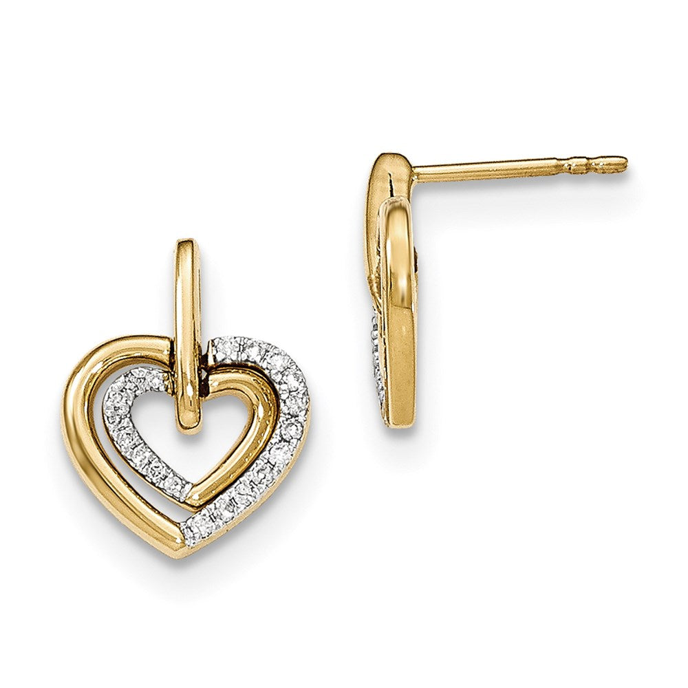 14K Gelbgold Ohrhänger mit poliertem Herz-Motiv und echtem Diamant-Herz, Ohrstecker