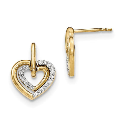 14K Gelbgold Ohrhänger mit poliertem Herz-Motiv und echtem Diamant-Herz, Ohrstecker