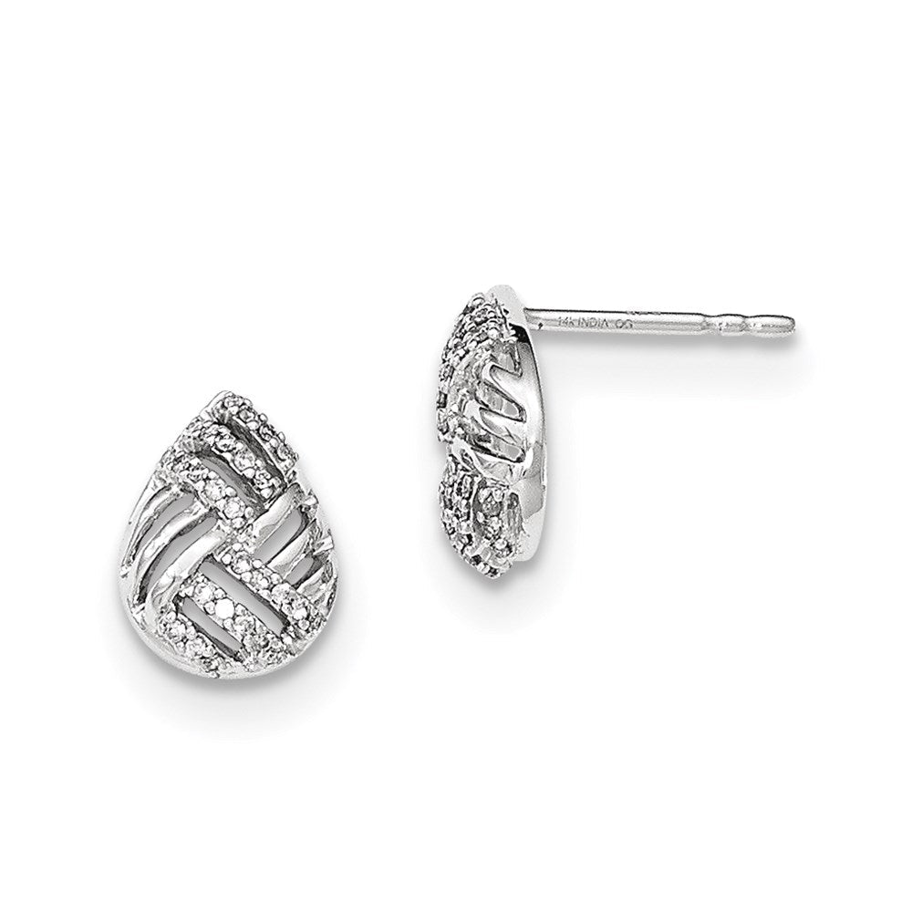 14K Weißgold Ohrringe mit Tropfenform, poliert, gewölbt, mit echten Diamanten, Stecker