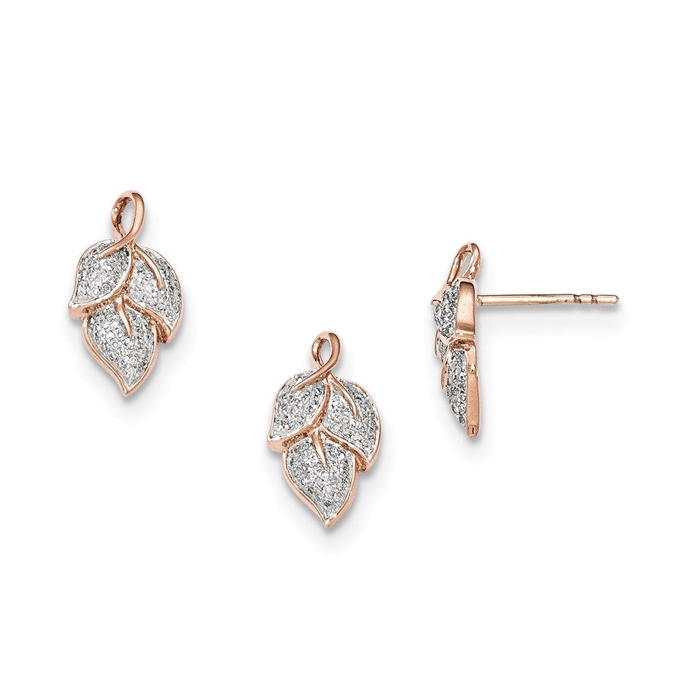 14K Roségold-Set mit echtem Diamant-Blatt-Anhänger und Ohrsteckern