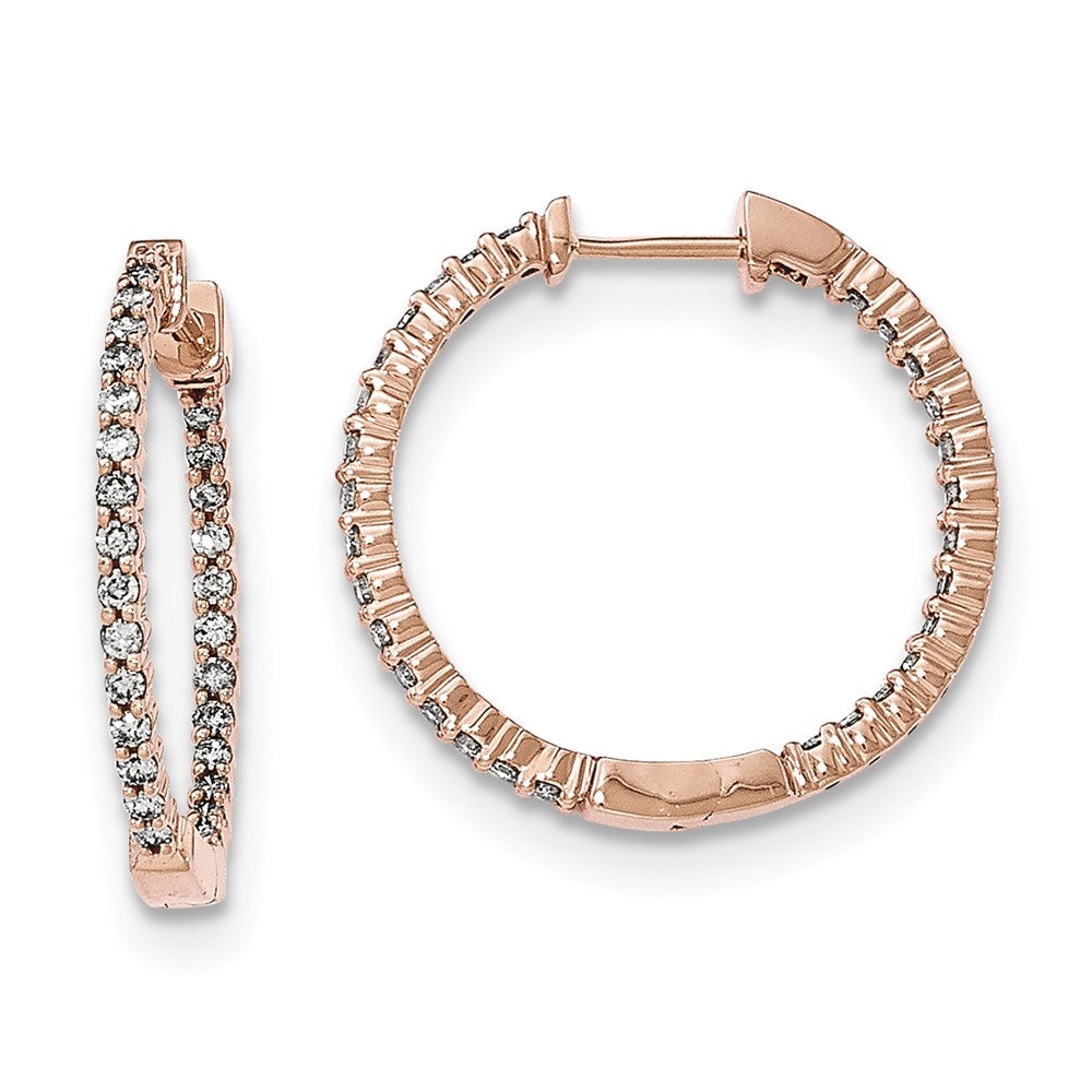 14K Roségold polierte Creolen mit echten Diamanten im Innen- und Außenbesatz und Klappscharnier