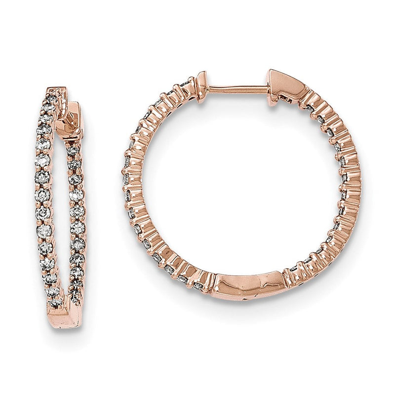 14K Roségold polierte Creolen mit echten Diamanten im Innen- und Außenbesatz und Klappscharnier