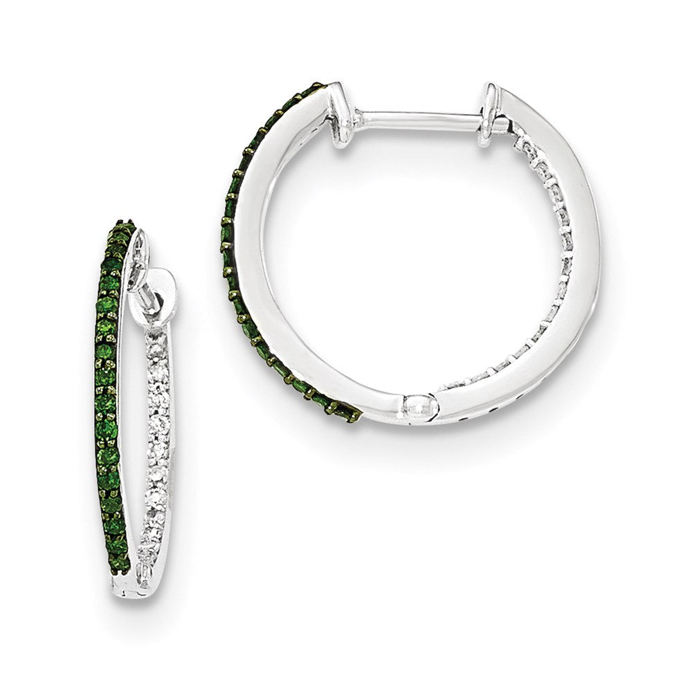 14K Weißgold In & Out Creolen mit grünen/weißen Diamanten, 1,2 mm, mit Scharnier