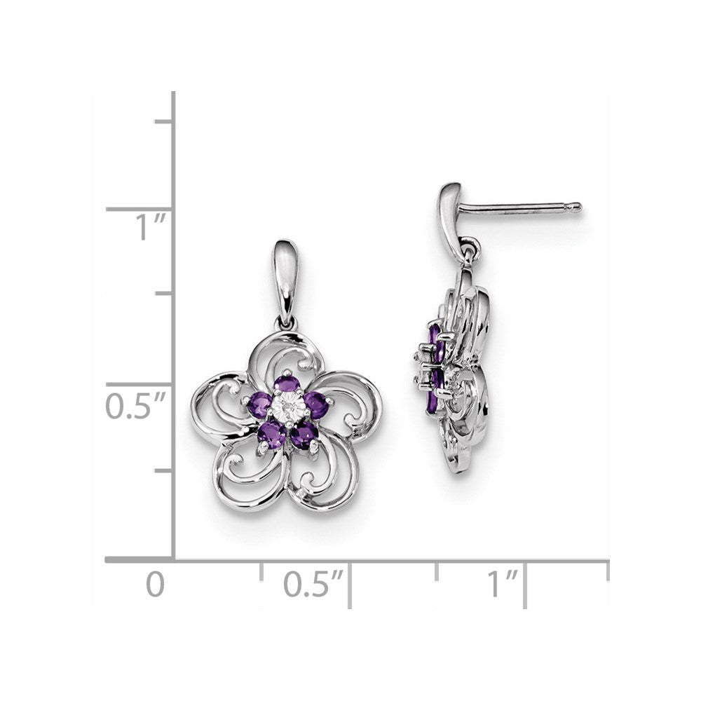 14K Weißgold Echt Diamant & Amethyst Blume Hängend Ohrstecker