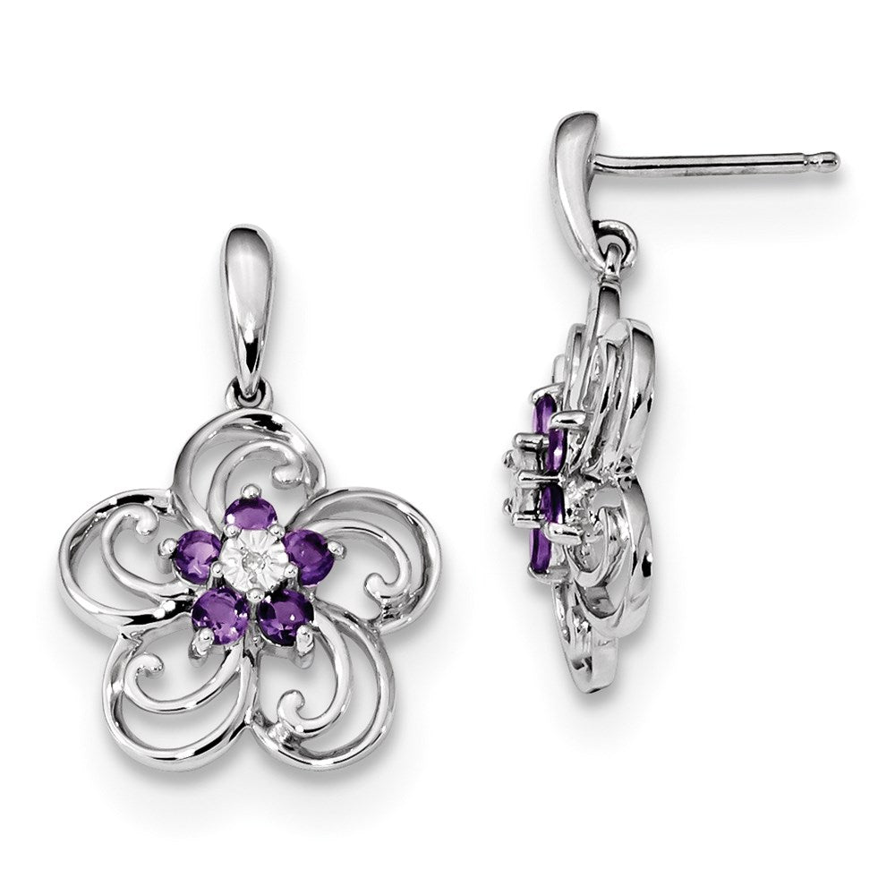 14K Weißgold Echt Diamant & Amethyst Blume Hängend Ohrstecker