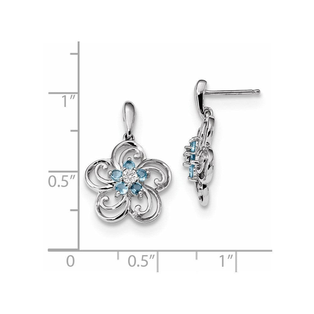 14K Weißgold Echt Diamant & Blautopas Blume Hängend Ohrstecker