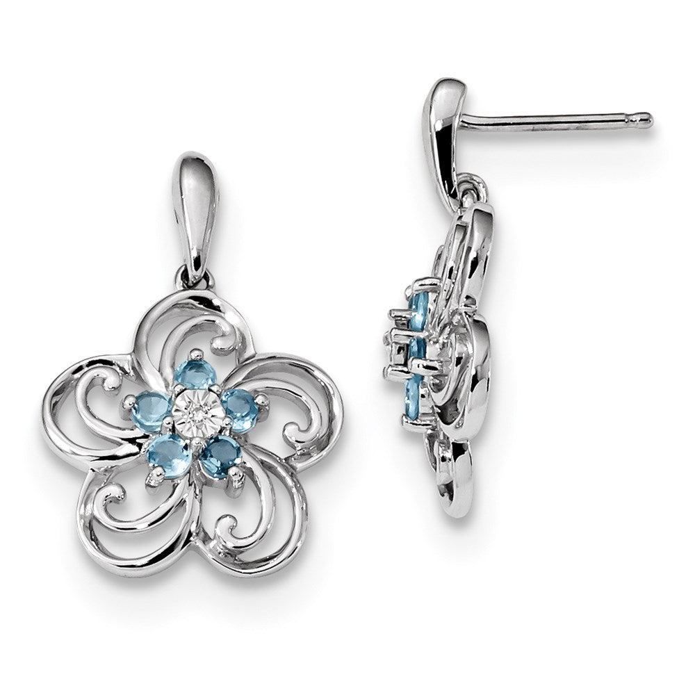 14K Weißgold Echt Diamant & Blautopas Blume Hängend Ohrstecker