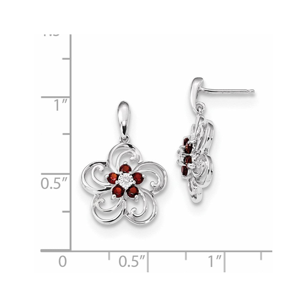 14K Weißgold Echt Diamant & Granat Blume Hängend Ohrstecker