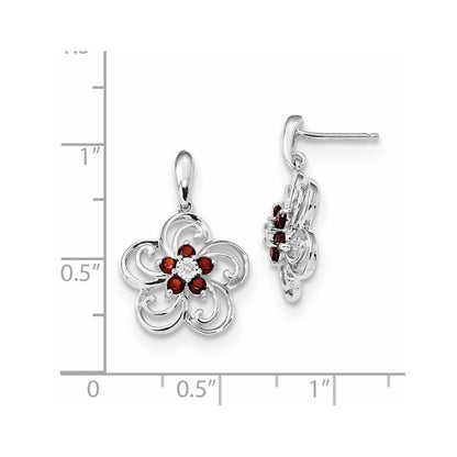 14K Weißgold Echt Diamant & Granat Blume Hängend Ohrstecker