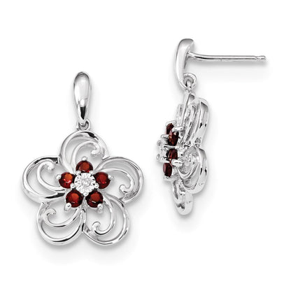 14K Weißgold Echt Diamant & Granat Blume Hängend Ohrstecker