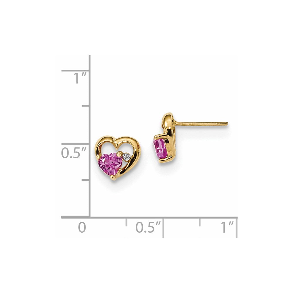 14K Gelbgold mit Erzeugt Rosa Saphir & Echt Diamant Stecker Herz Ohrringe