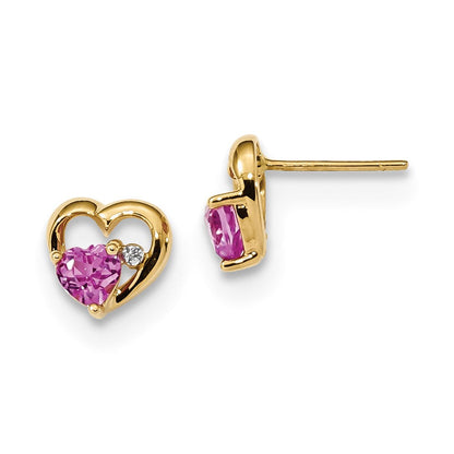 14K Gelbgold mit Erzeugt Rosa Saphir & Echt Diamant Stecker Herz Ohrringe