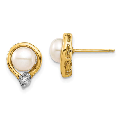 14K Gelbgold 5-6 mm weiße Button-Zuchtperlen mit 0,02 ct. echten Diamanten Ohrstecker