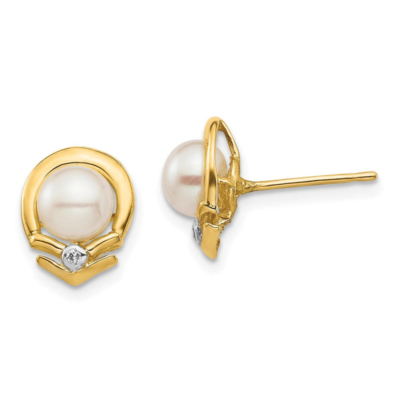 14K Gelbgold 5-6 mm weiße Button-Zuchtperlen (FW) mit 0,02 ct. echten Diamanten, Ohrstecker