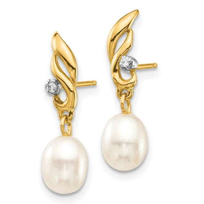 14K Gelbgold Ohrhänger mit 5-6mm weißen Reis-Süßwasserzuchtperlen und 0,02 ct. echten Diamanten