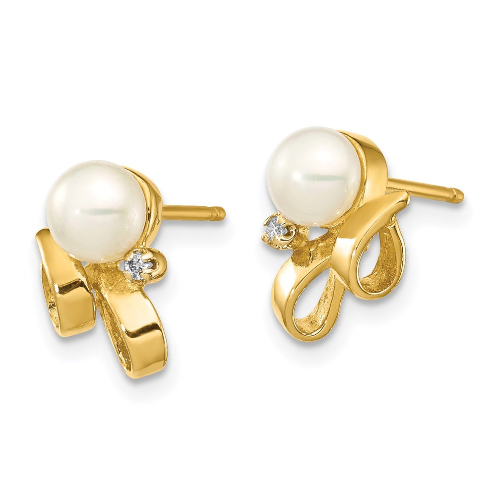 14K Gelbgold 4-5 mm weiße Button-Zuchtperlen (Süßwasser) mit 0,02 ct. echten Diamanten Ohrstecker