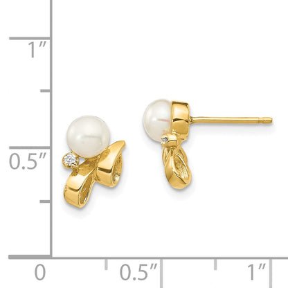 14K Gelbgold 4-5 mm weiße Button-Zuchtperlen (Süßwasser) mit 0,02 ct. echten Diamanten Ohrstecker