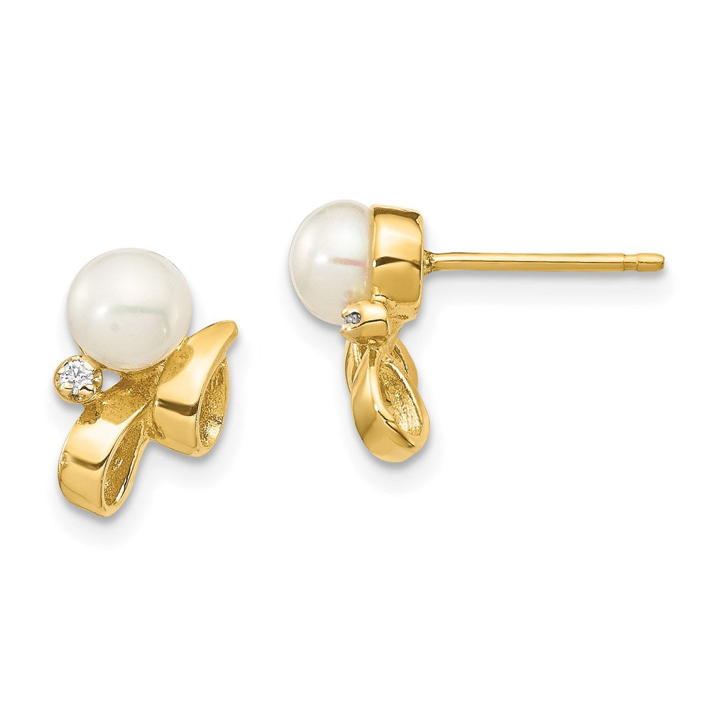 14K Gelbgold 4-5 mm weiße Button-Zuchtperlen (Süßwasser) mit 0,02 ct. echten Diamanten Ohrstecker