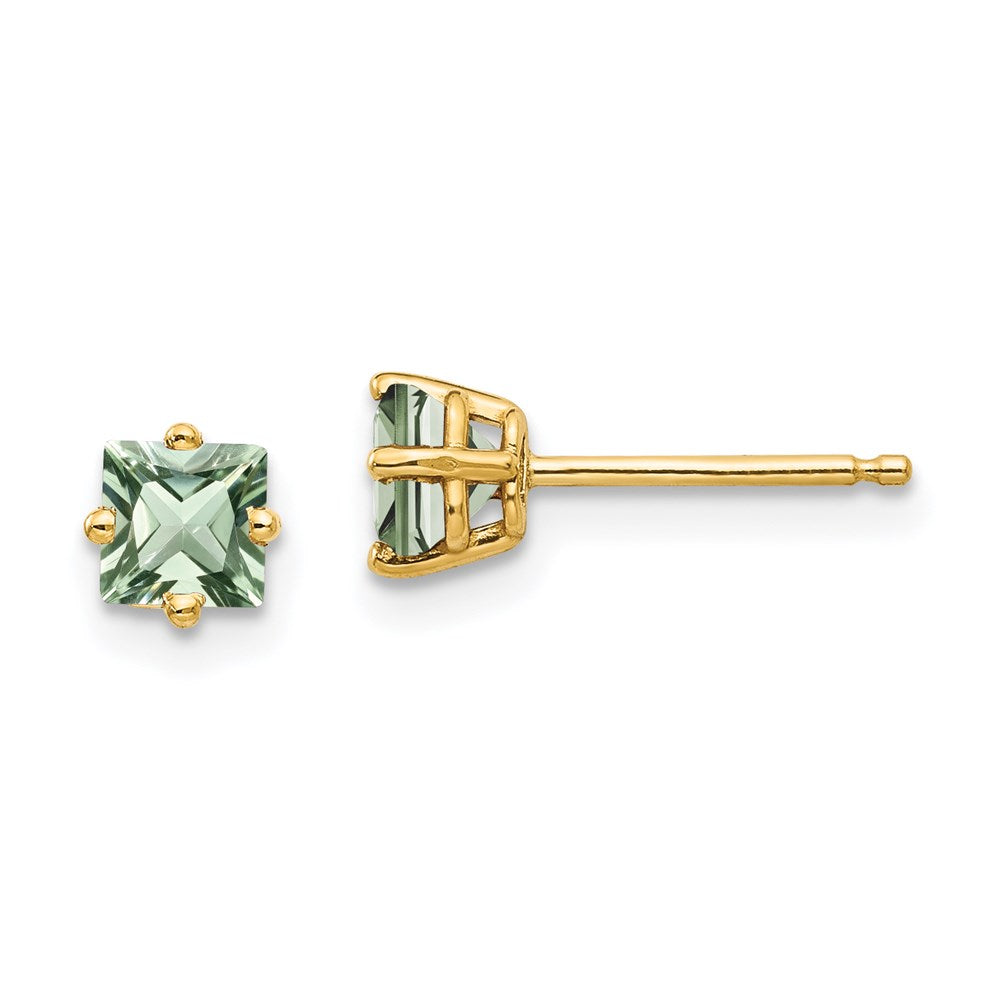 14K Gelbgold Ohrringe mit quadratischem grünem Quarz, 4 mm