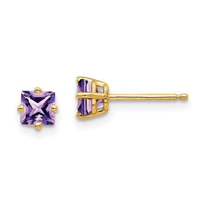 14K Gelbgold Ohrstecker mit Prinzess-Schliff Amethyst, 4 mm