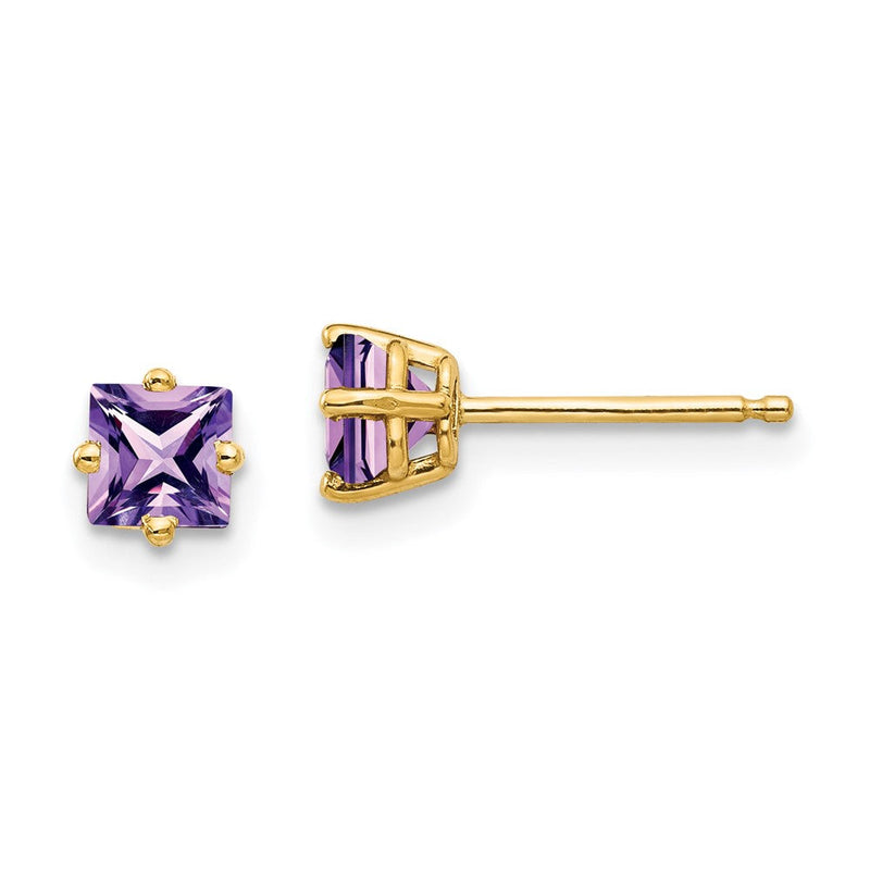 14K Gelbgold Ohrstecker mit Prinzess-Schliff Amethyst, 4 mm