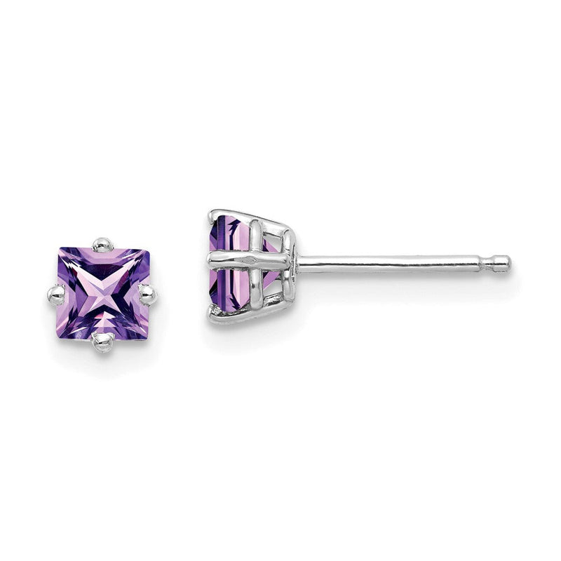 14K Weißgold Ohrstecker mit Amethyst im Prinzessschliff, 4 mm