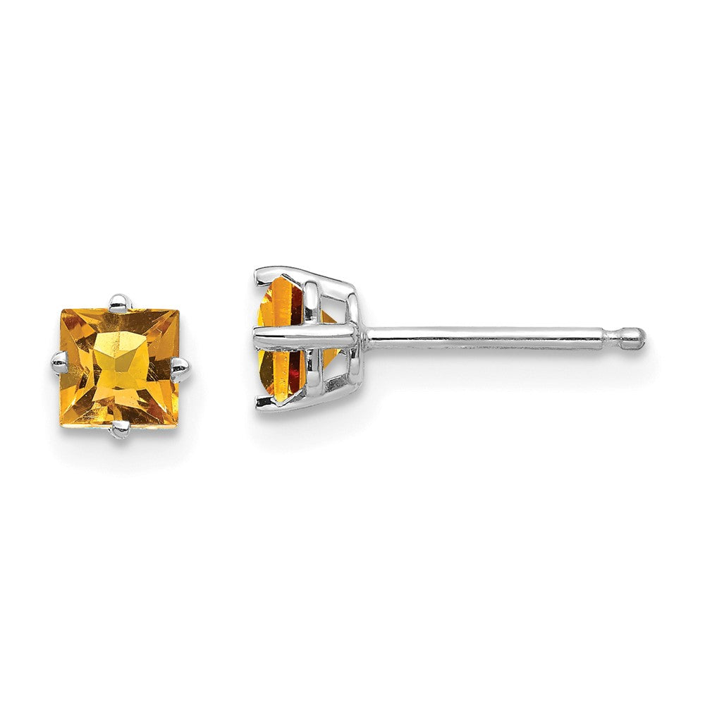 14K Weißgold Ohrstecker mit Citrin im Princess-Schliff, 4 mm