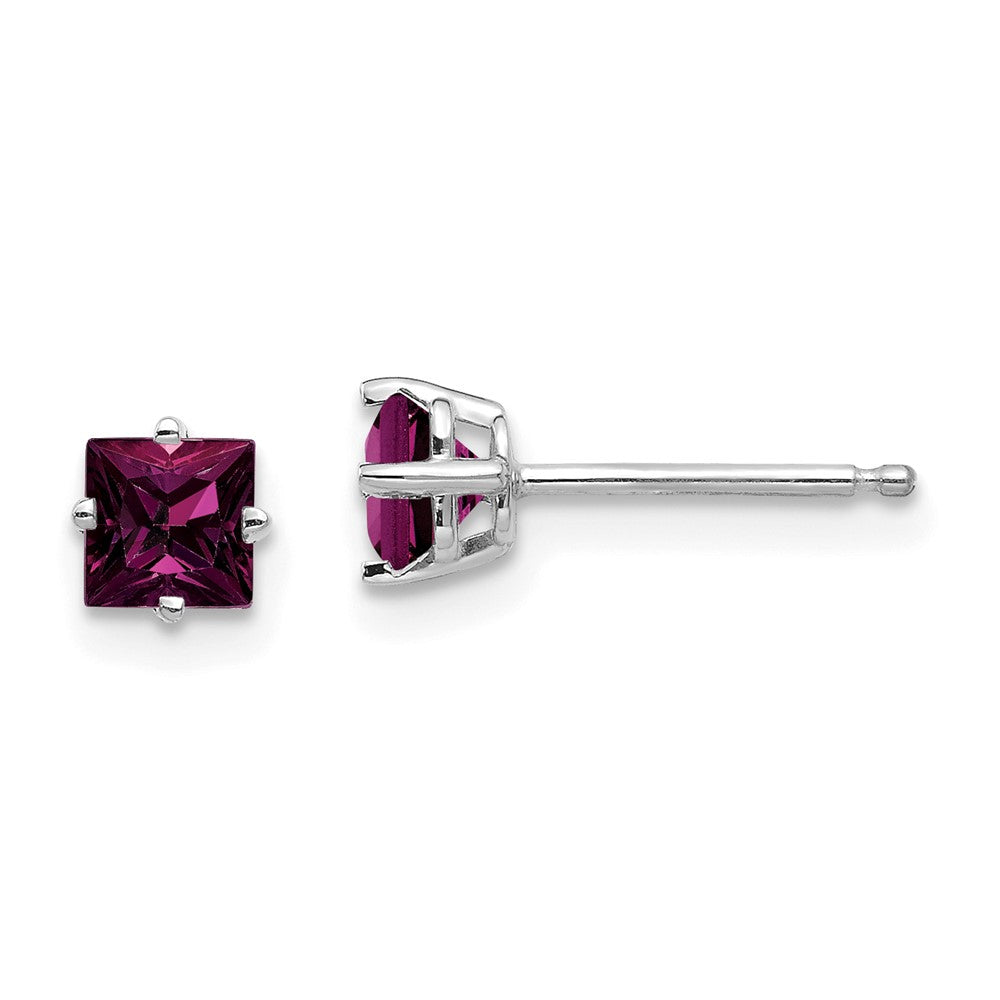 14K Weißgold Ohrstecker mit 4 mm Princess-Cut Rhodolith-Granat