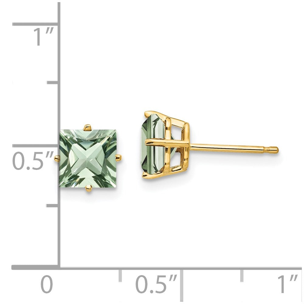 14K Gelbgold Ohrringe mit quadratischem grünem Quarz, 6 mm