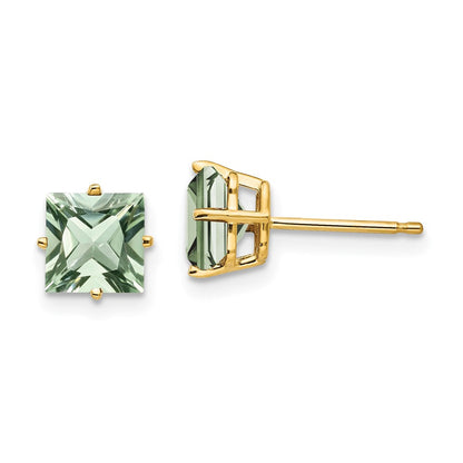 14K Gelbgold Ohrringe mit quadratischem grünem Quarz, 6 mm
