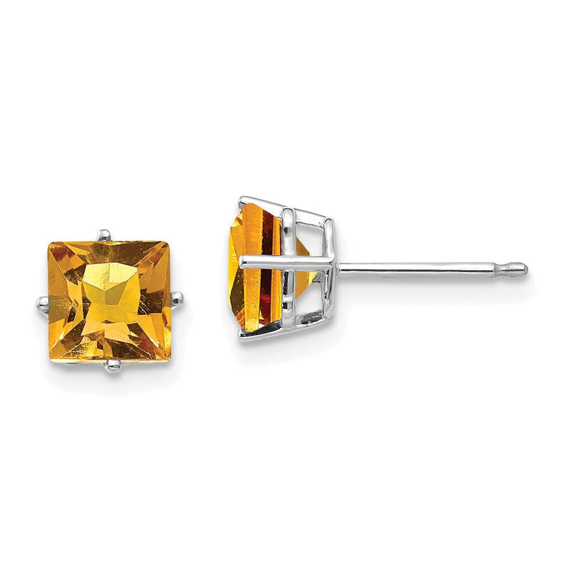 14K Weißgold Ohrstecker mit 6 mm Citrin im Princess-Schliff